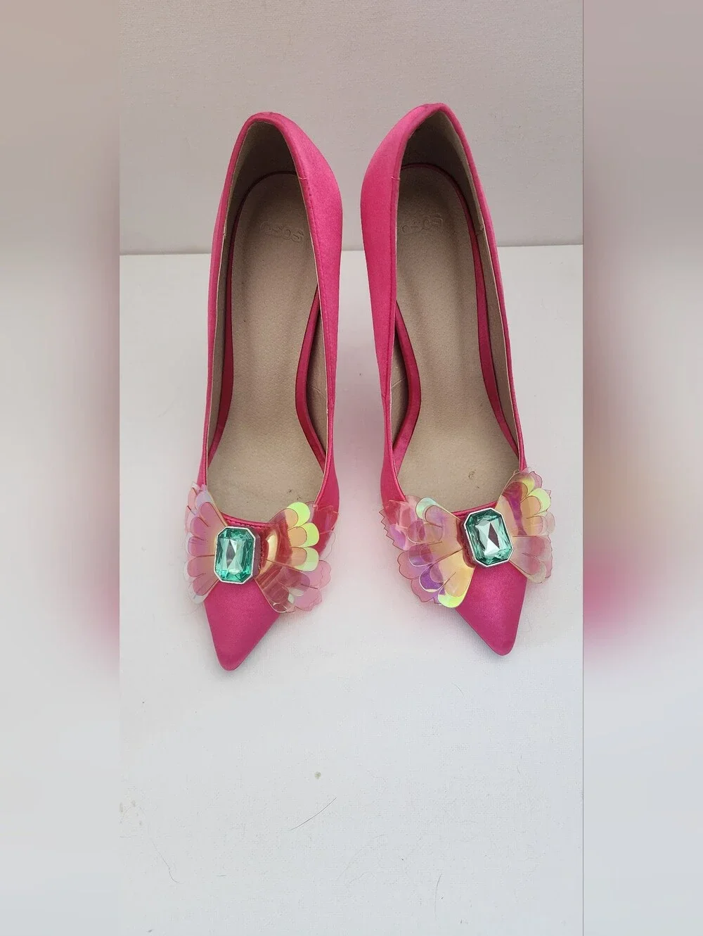 ASOS Hot Pink Satin Pointed-Toe Stiletto Pumps with Gem & Sequin Detail
